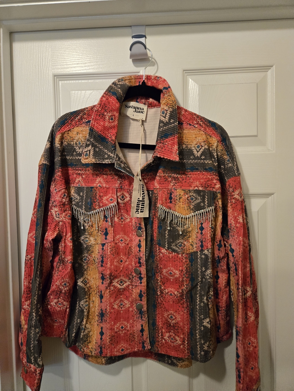 Savanna Jane Women's Red Patterned Fringe Corduroy Jacket - Picture 3 of 12